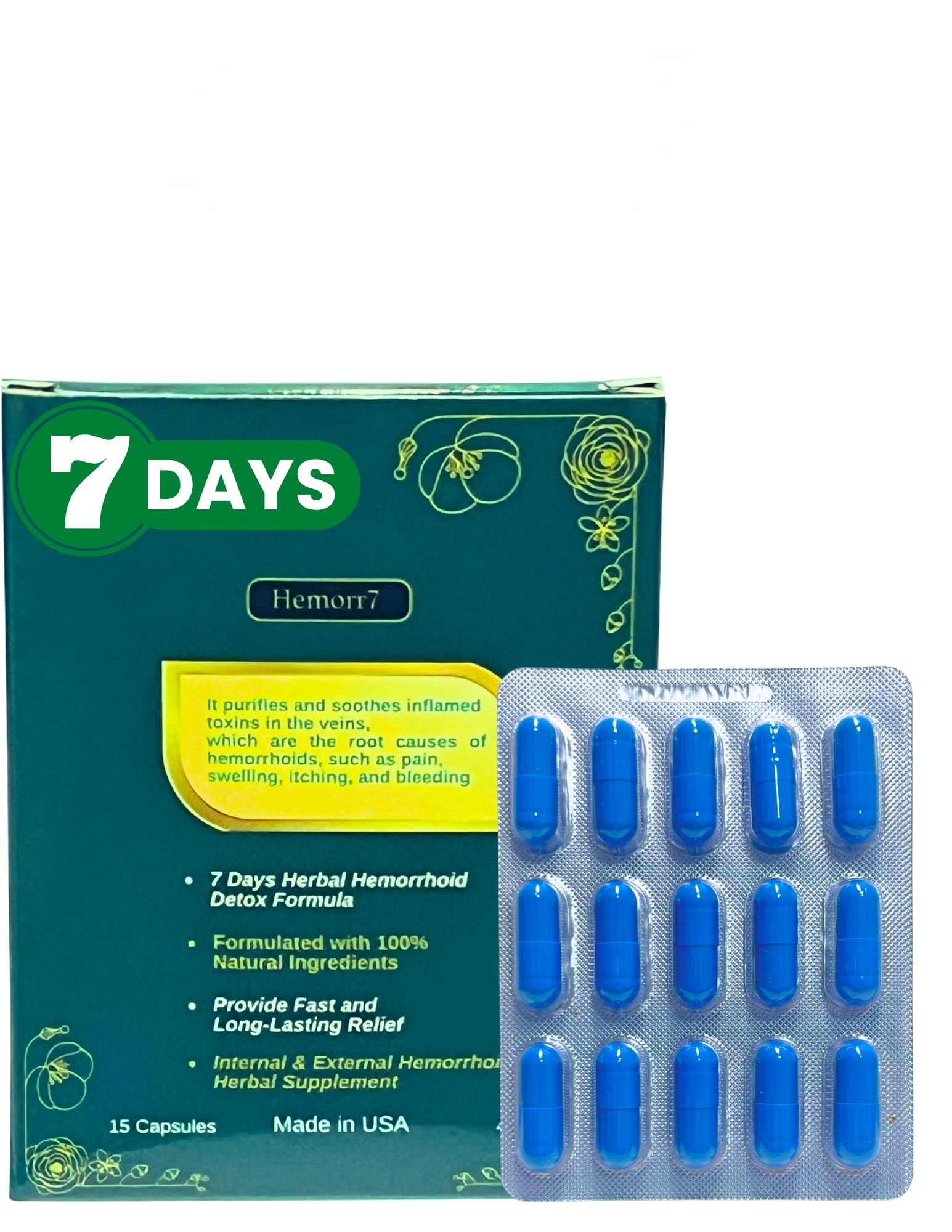 Hemor7 cápsulas en la botella, posible alivio diario de hemorroides