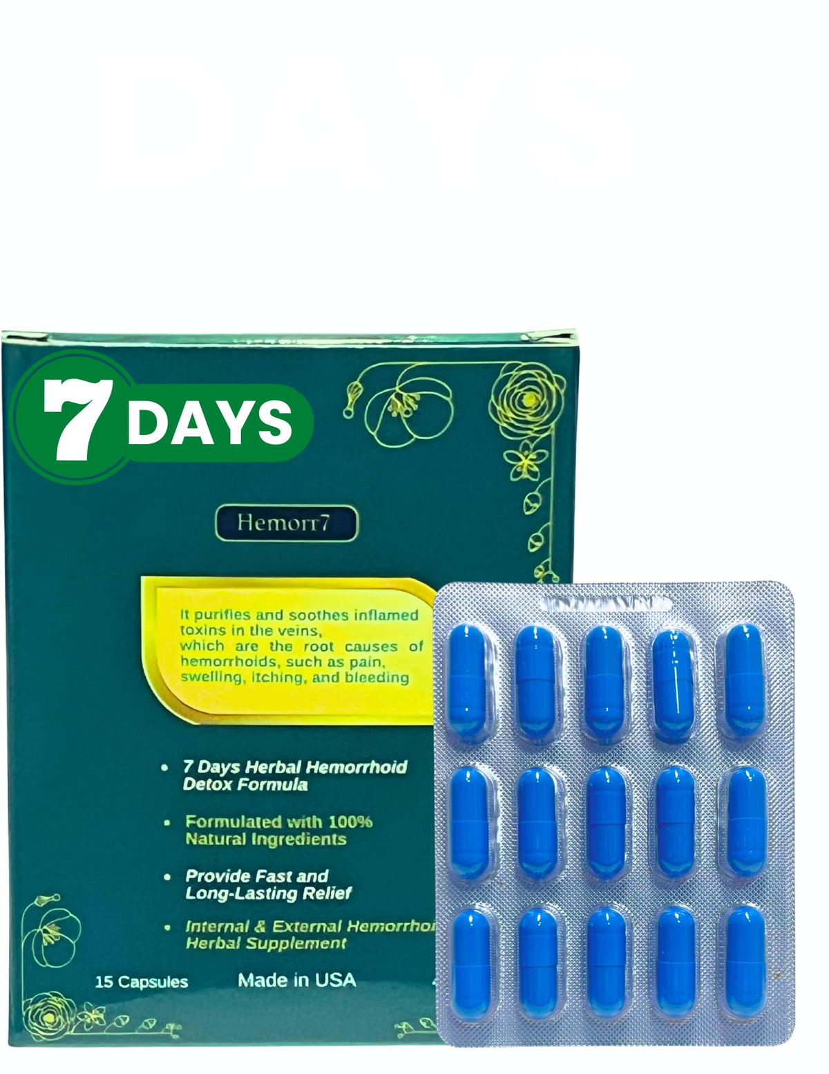 Hemor7 cápsulas en la botella, posible alivio diario de hemorroides