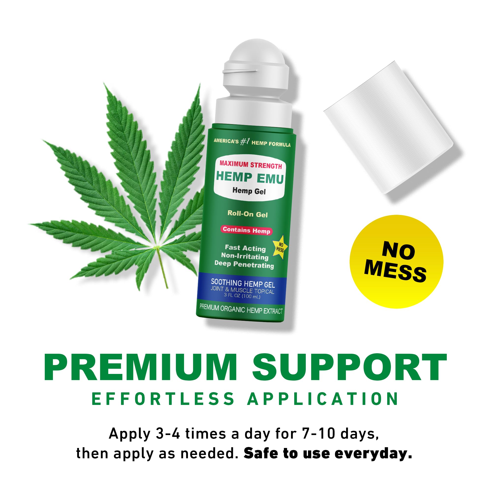 Hemp Emu Roll-On Gel: cobertura precisa para músculos y espalda con efecto calmante.