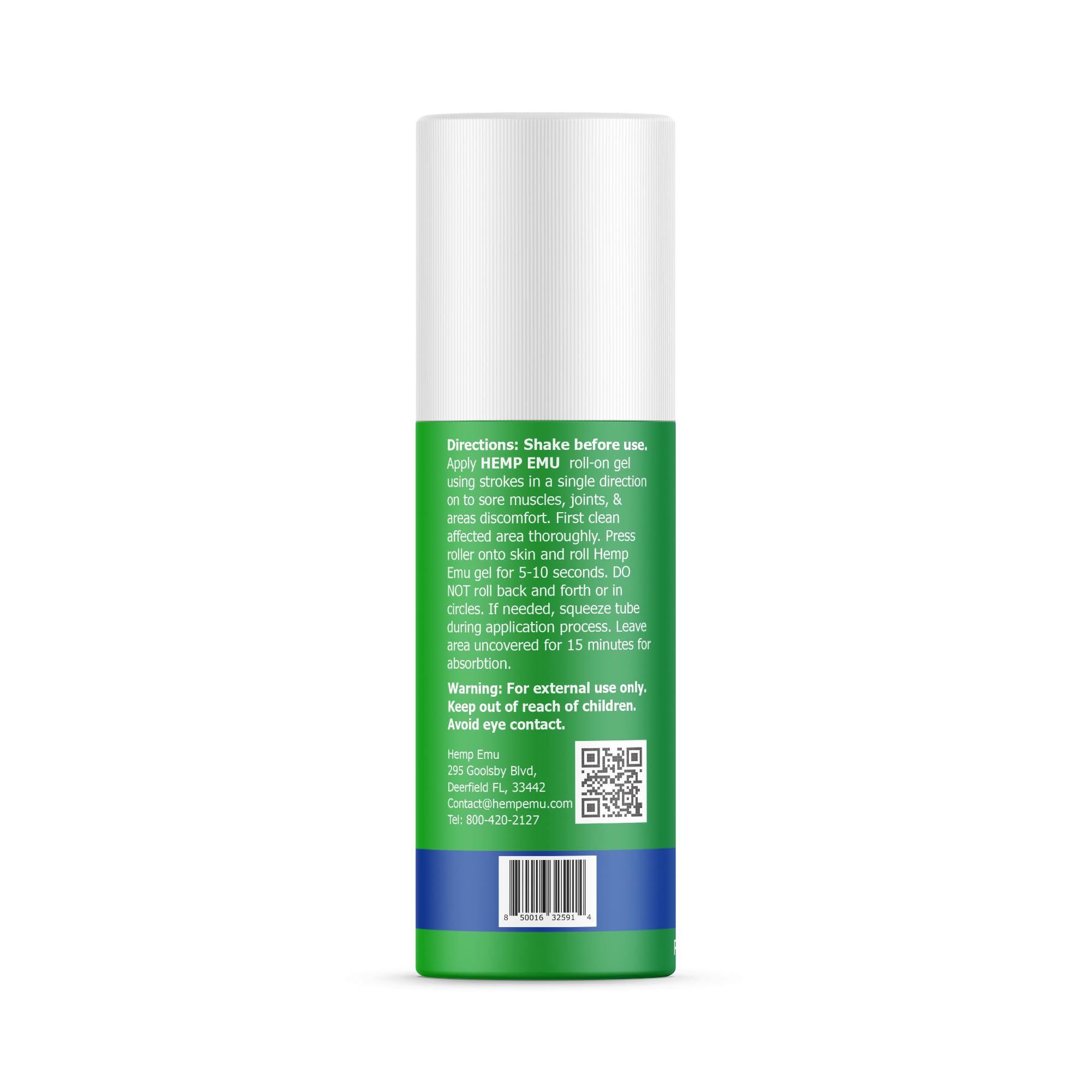 Hemp Emu Roll-On Gel: fórmula con emú, cáñamo y aloe para piel suave.