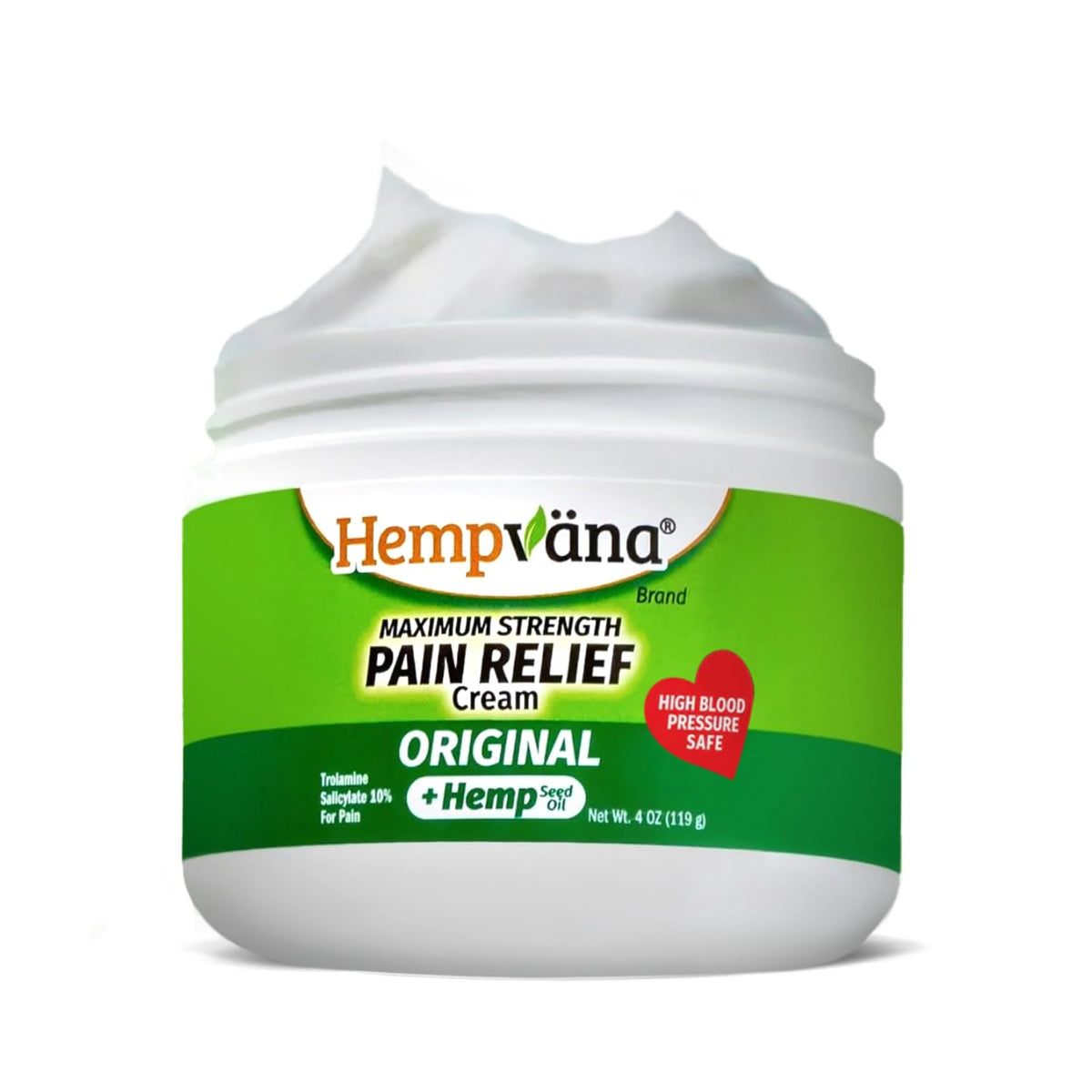 Hempvana Crema Alivio Máximo en bote de 4 oz para alivio temporal.