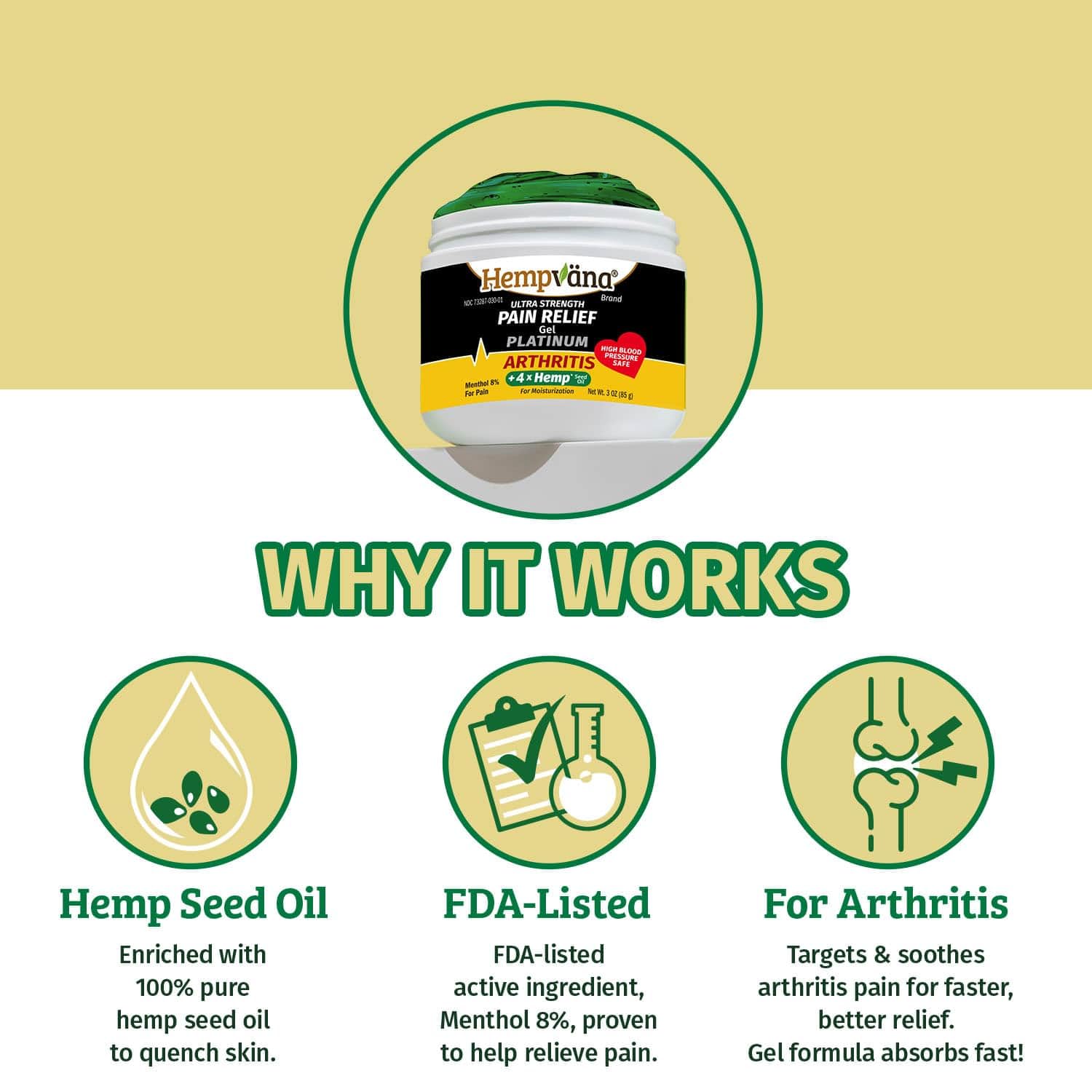 Aplicación en la mano con gel platino de Hempvana para alivio puntual.