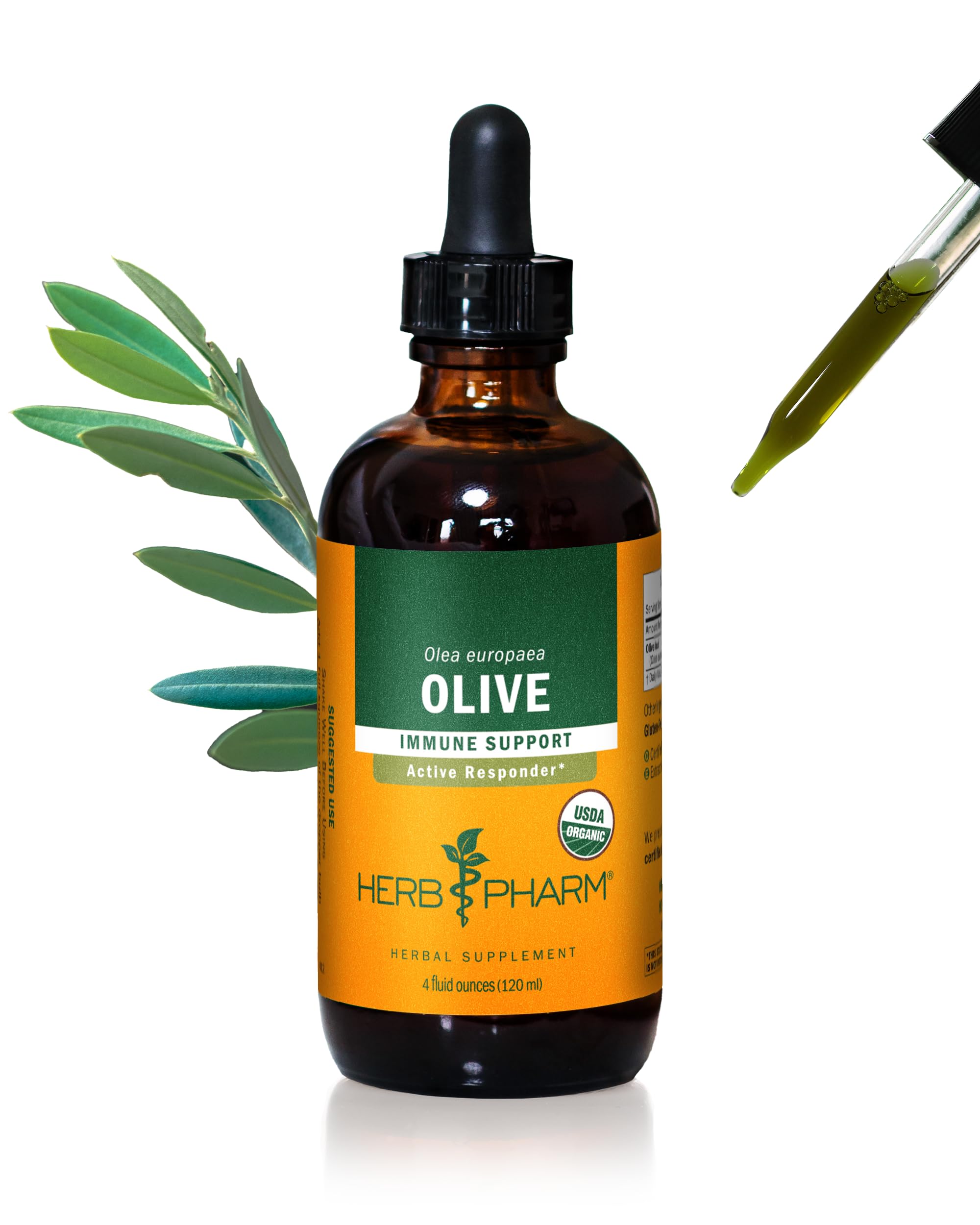 Herb Pharm extracto líquido de hoja de olivo en frasco, uso diario recomendado.