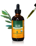Herb Pharm extracto líquido de hoja de olivo en frasco, uso diario recomendado.
