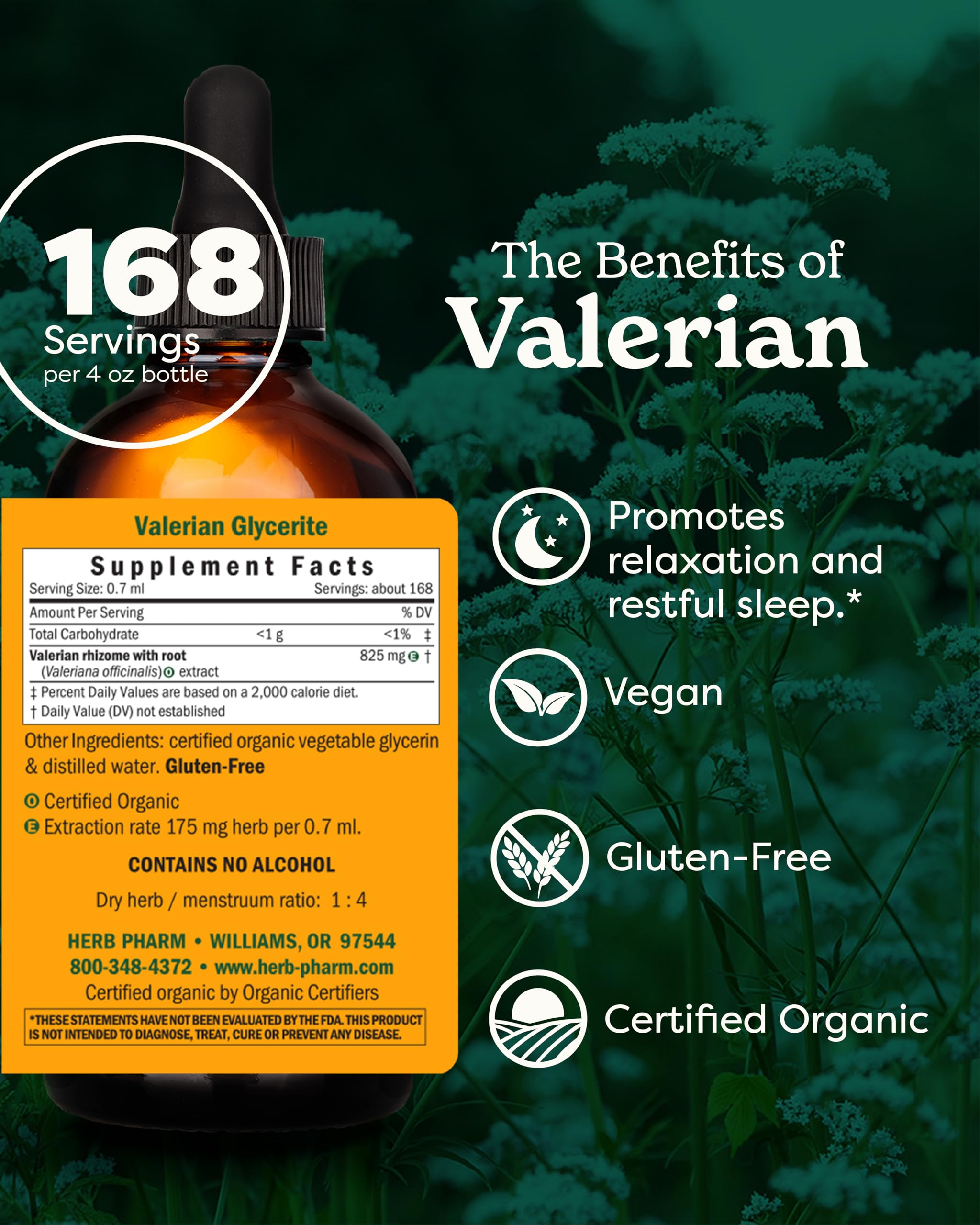 Herb Pharm Valeriana: etiqueta frontal que sugiere descanso.