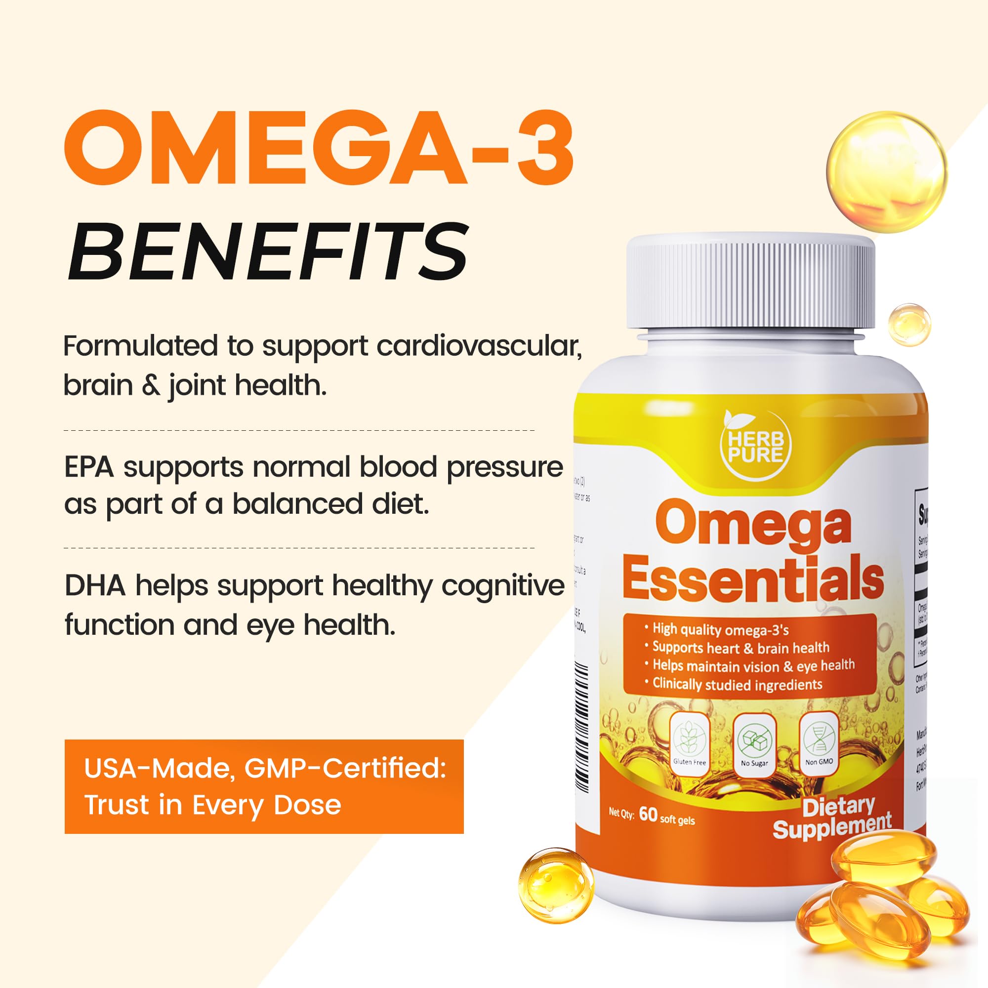 HERB PURE Omega-3 en botella, práctico para uso diario.