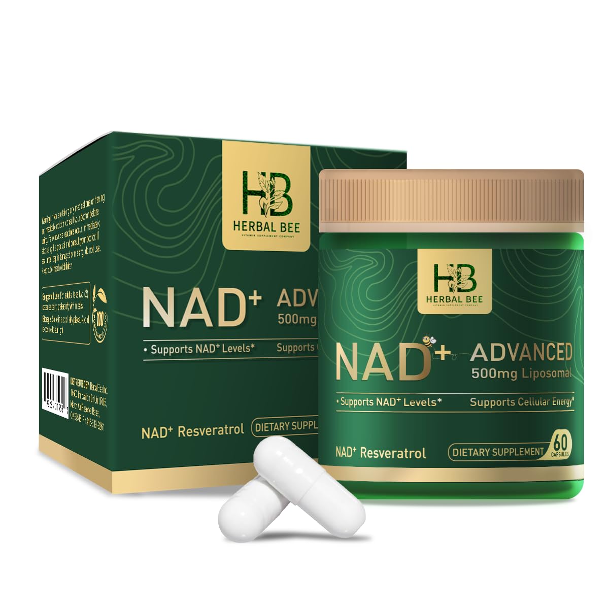 Herbal Bee Nad liposomal 500 mg en botella, apoyo a la energía celular diaria.