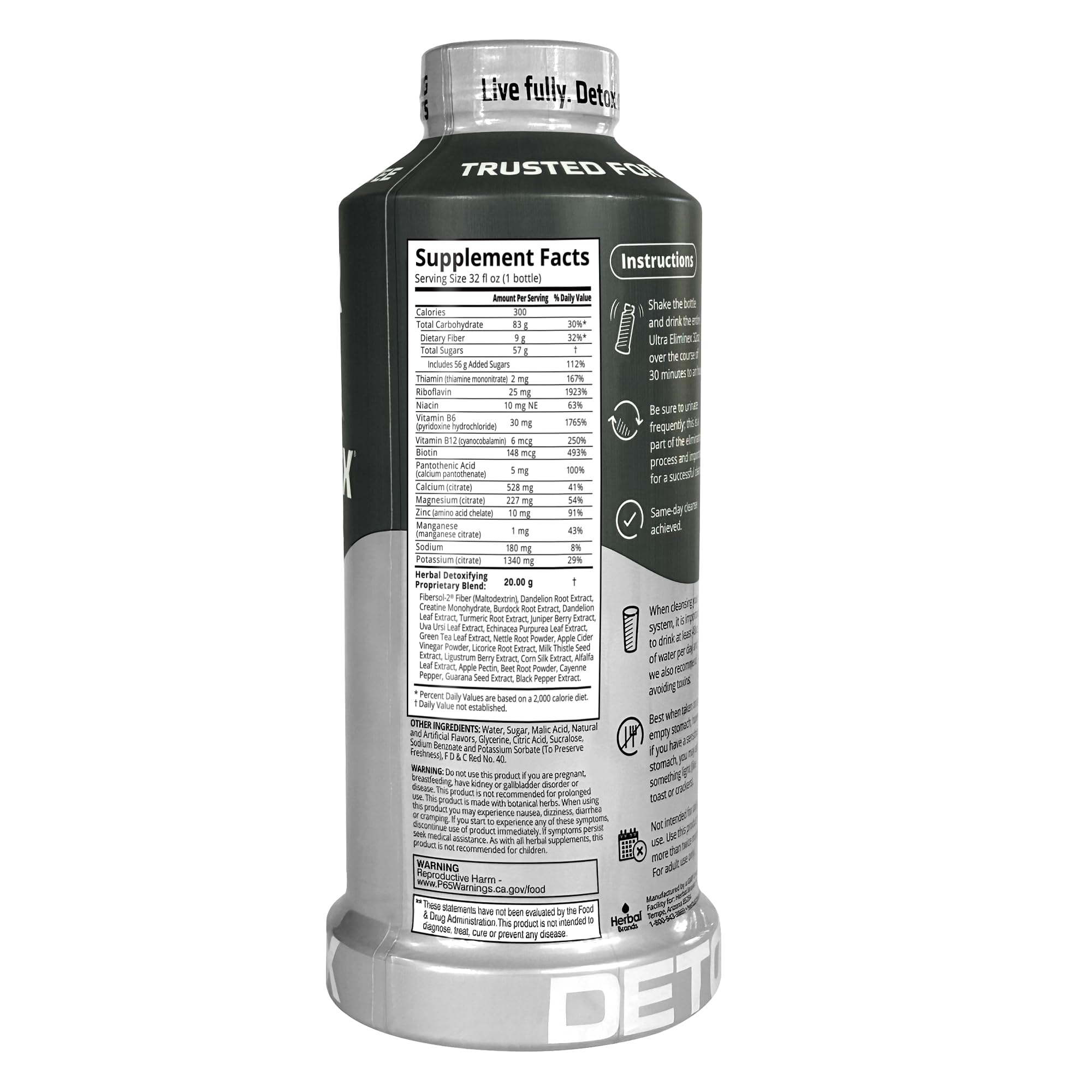 Herbal Clean botella volcada en copa, indicación de consumo para sesión de detox