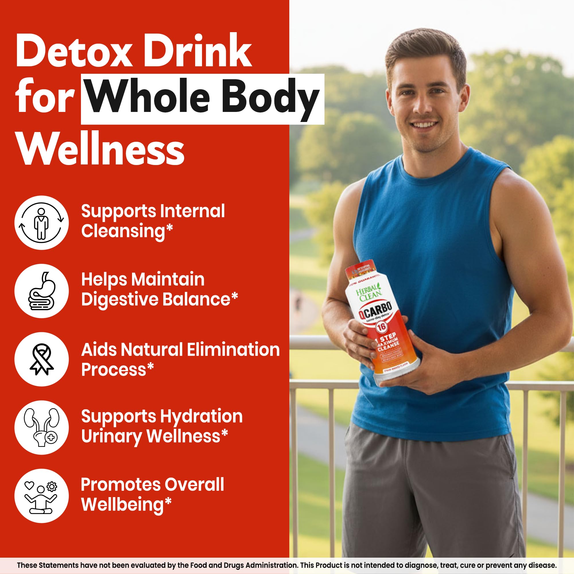 Herbal Clean Qcarbo16, botella en mano, opción para estilos de vida activos