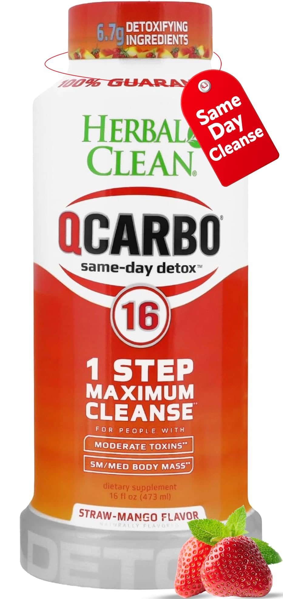 Herbal Clean Qcarbo16, botella frente, sabor fresa mango para una experiencia de detox suave