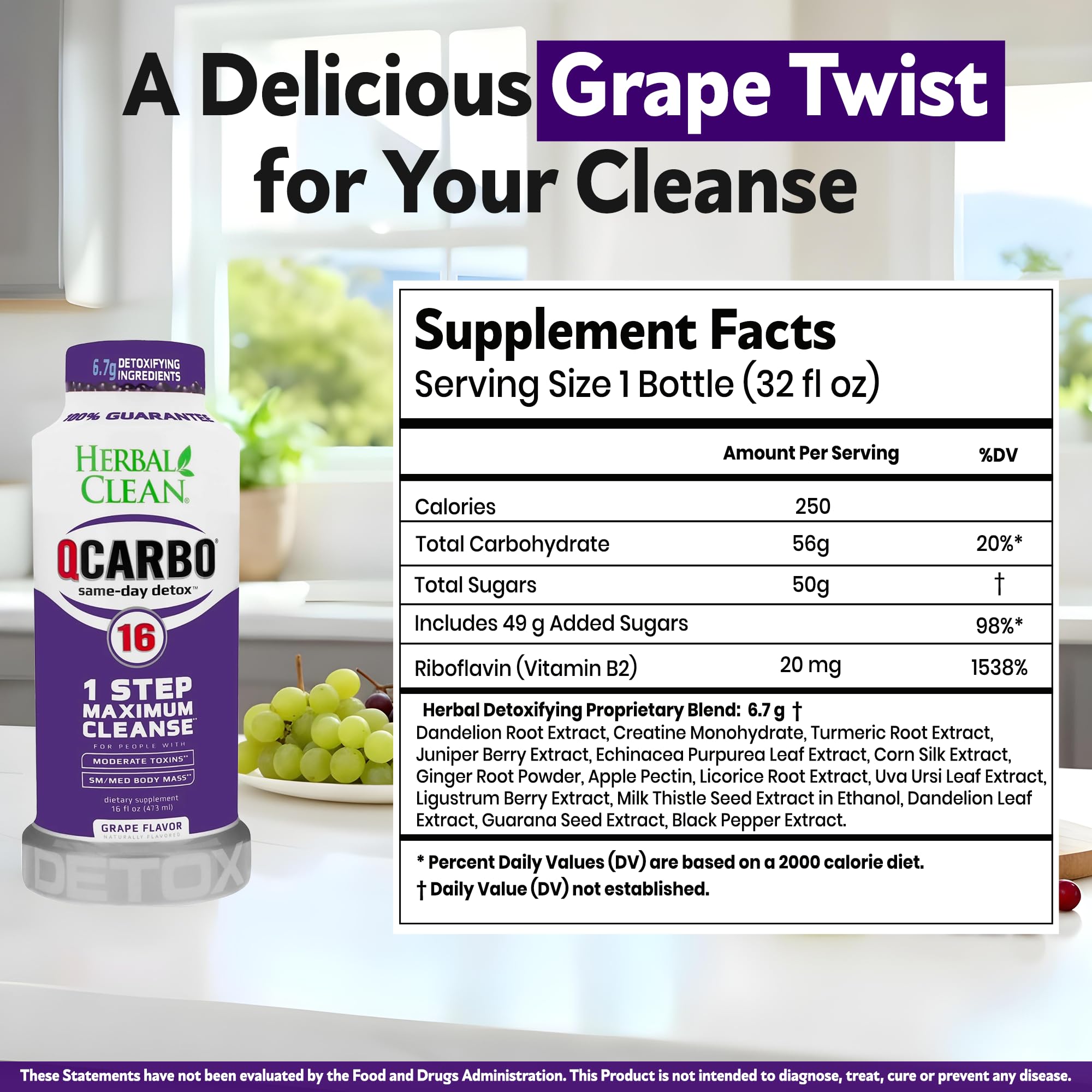 Herbal Clean Qcarbo16 etiqueta detox, muestra ingredientes herbales.