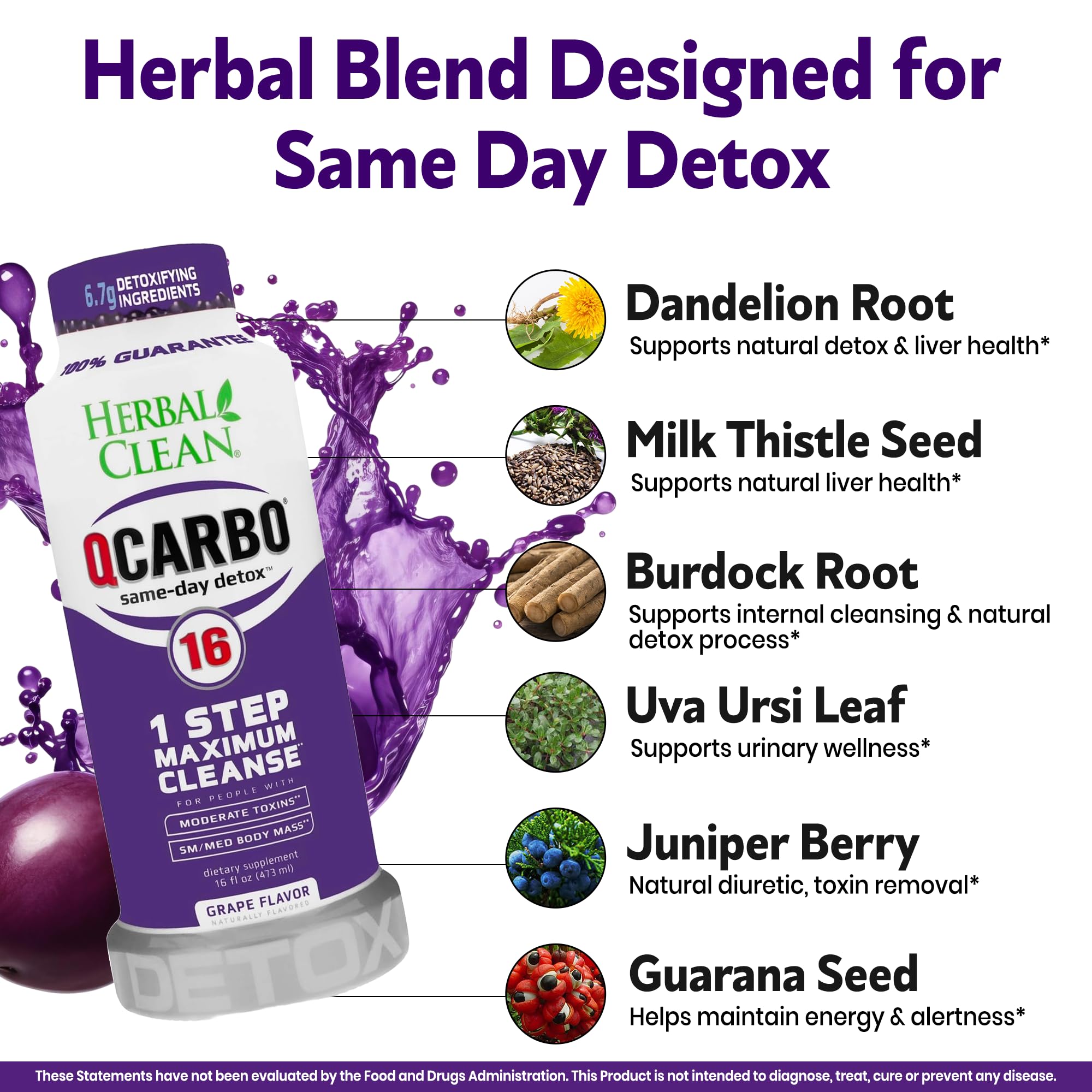 Herbal Clean Qcarbo16 mano sosteniendo la botella, consumo recomendado.