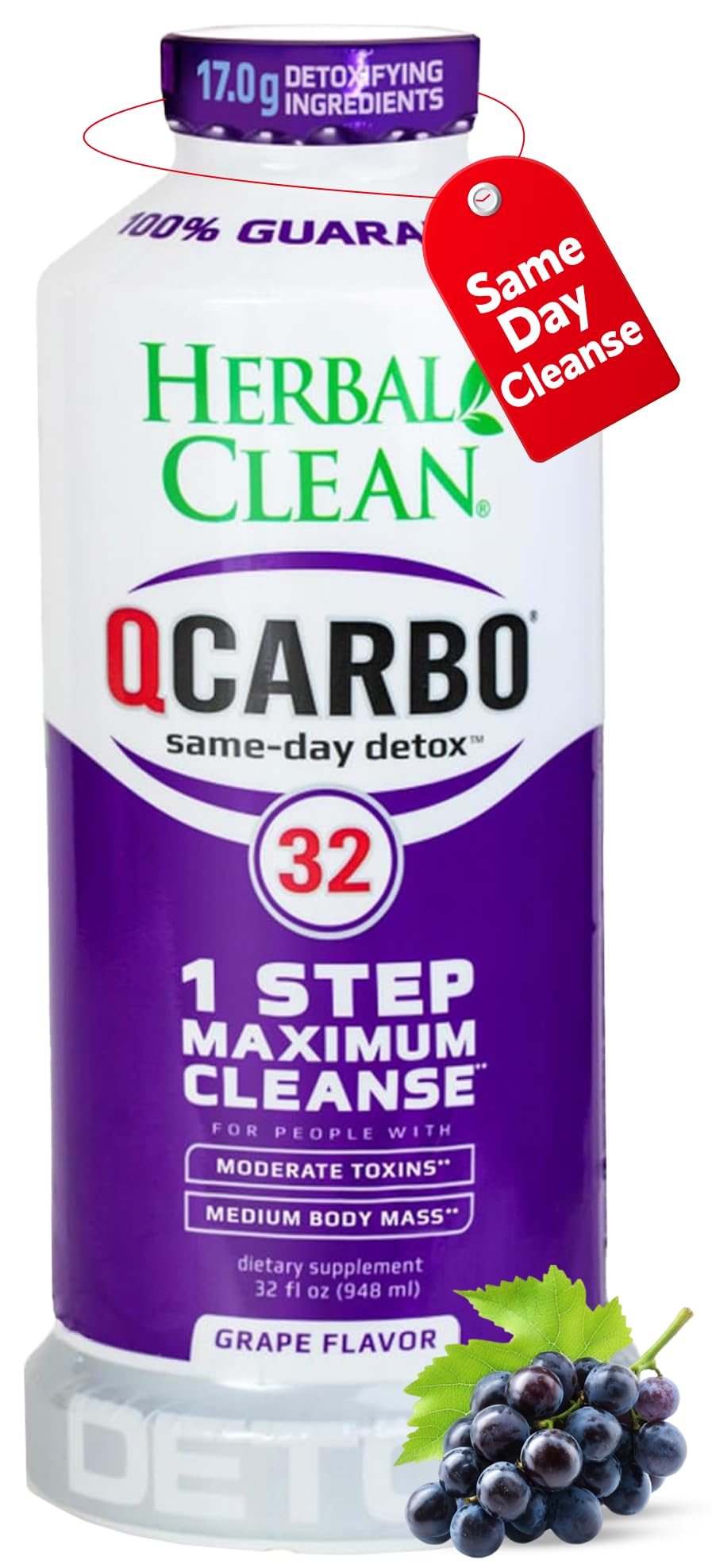 Herbal Clean Qcarbo32 botella con sabor a uva para detox