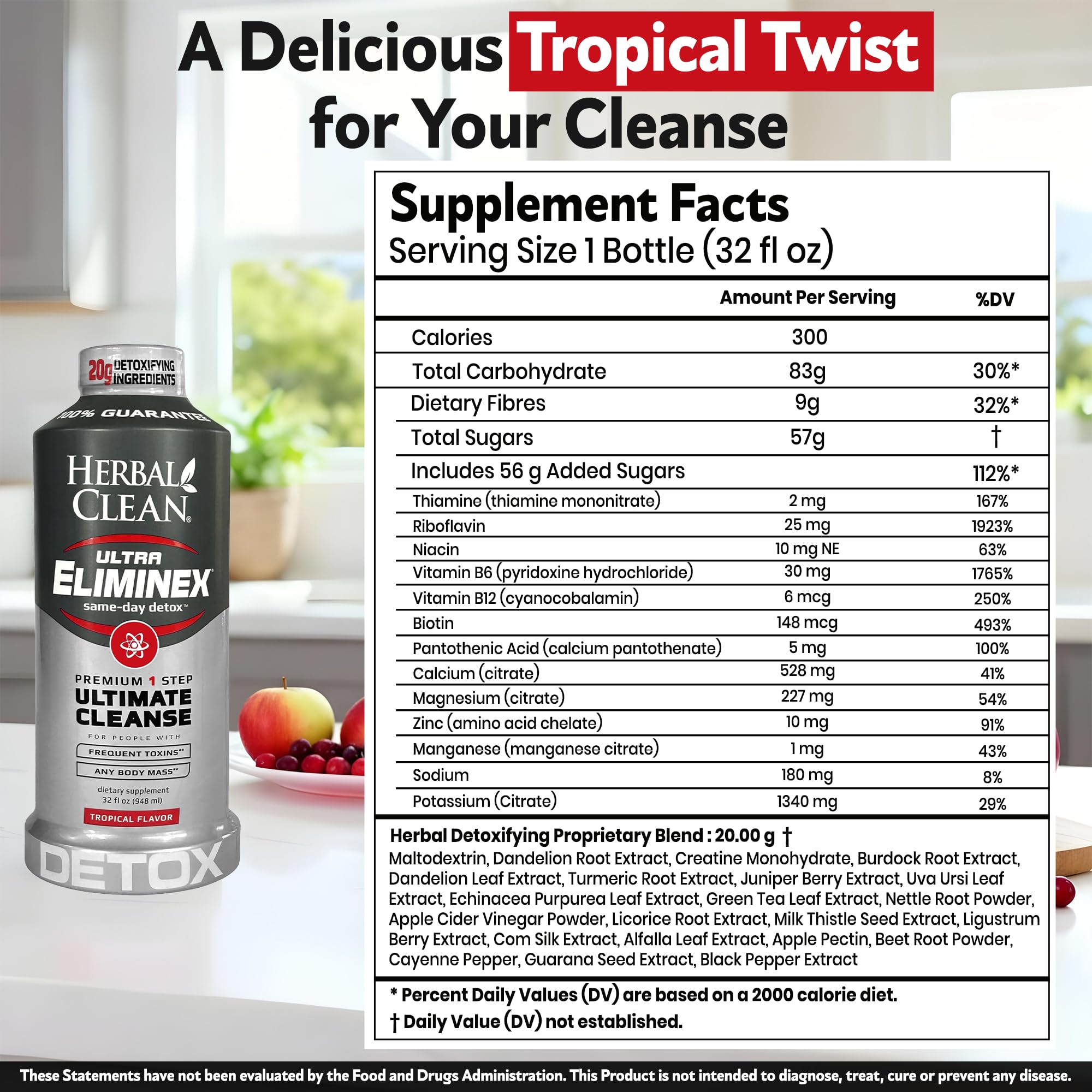 Tropical fruit flavor visual evokes refreshing taste during a full-body cleanse experience.