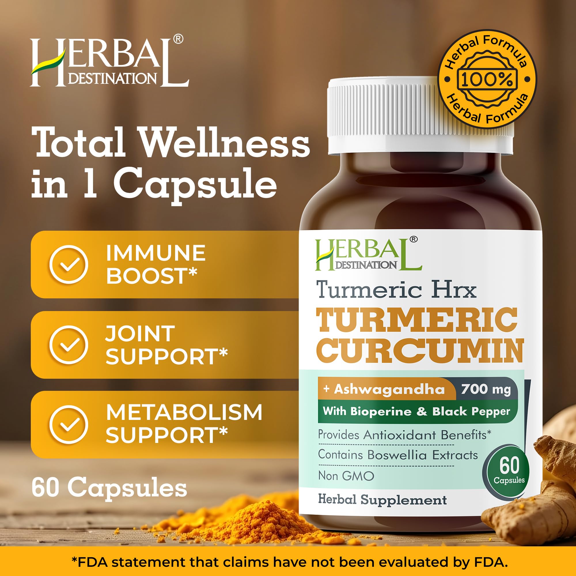 Herbal Destination Boswellia y Curcuma HRX: antioxidantes para apoyo diario.
