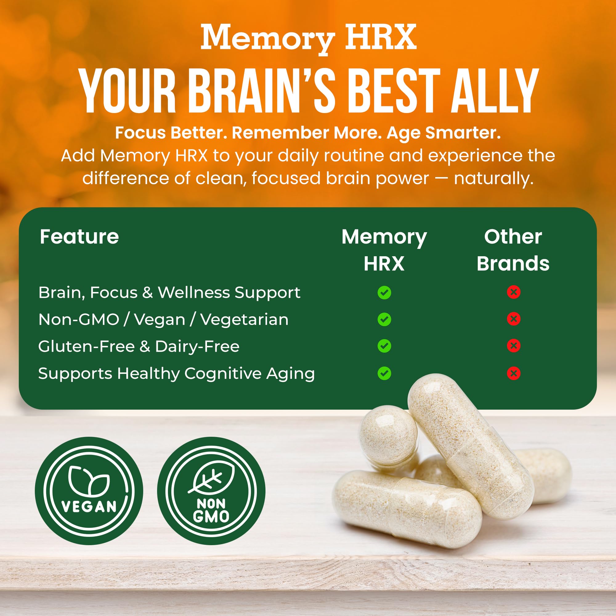 Herbal Destination Memory HRX: primer plano de etiqueta y beneficios para la memoria