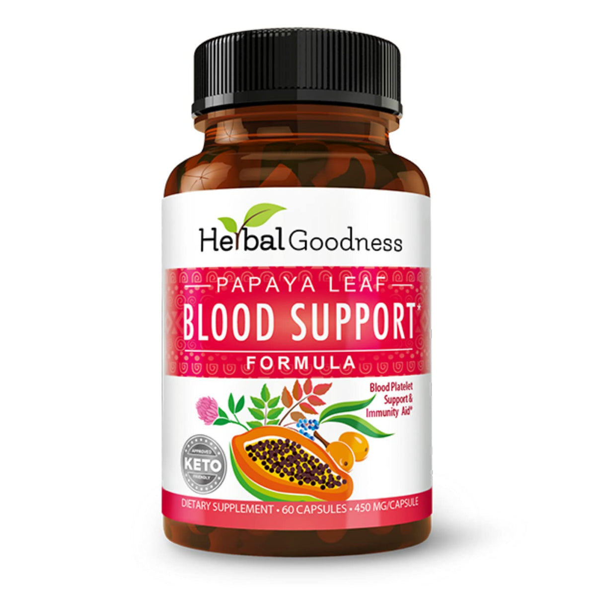 Herbal Goodness: cápsulas de hoja de papaya en botella para apoyo sanguíneo.