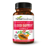 Herbal Goodness: cápsulas de hoja de papaya en botella para apoyo sanguíneo.