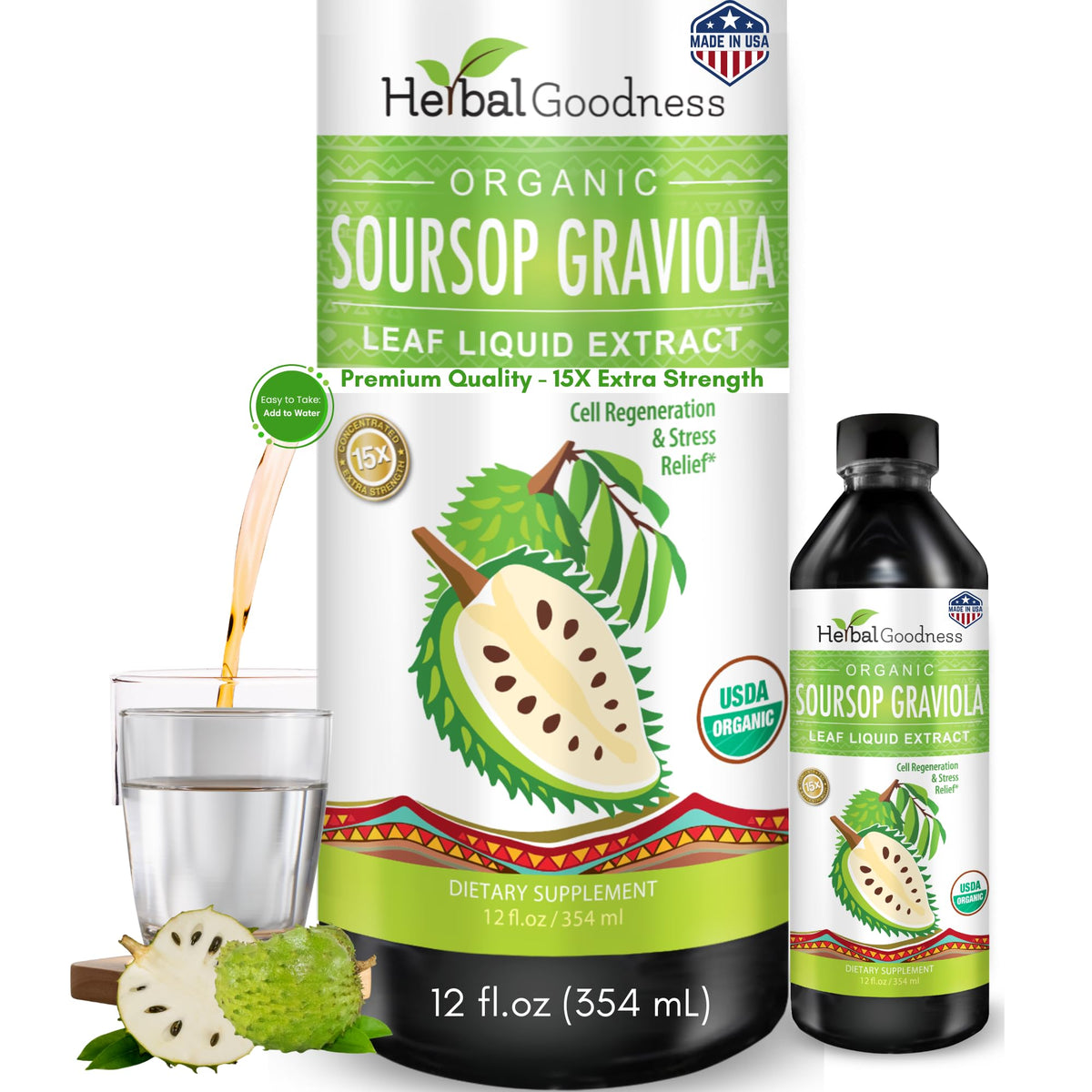 Gotas Herbal Goodness de Guanábana en botella para uso diario.