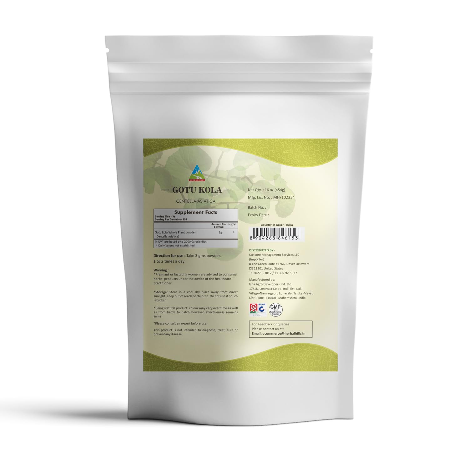 HERBAL HILLS Gotu Kola polvo, bote que facilita la dosis diaria