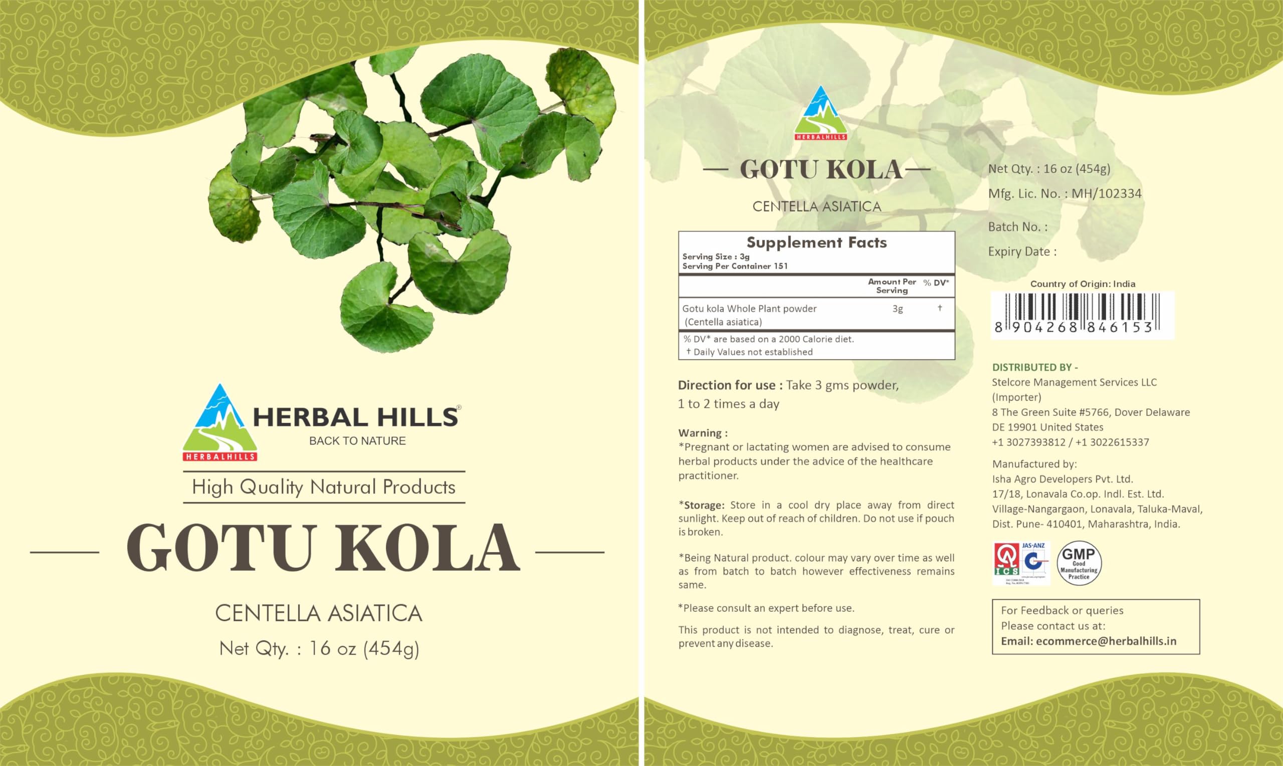 HERBAL HILLS Gotu Kola polvo, textura fina para infusiones