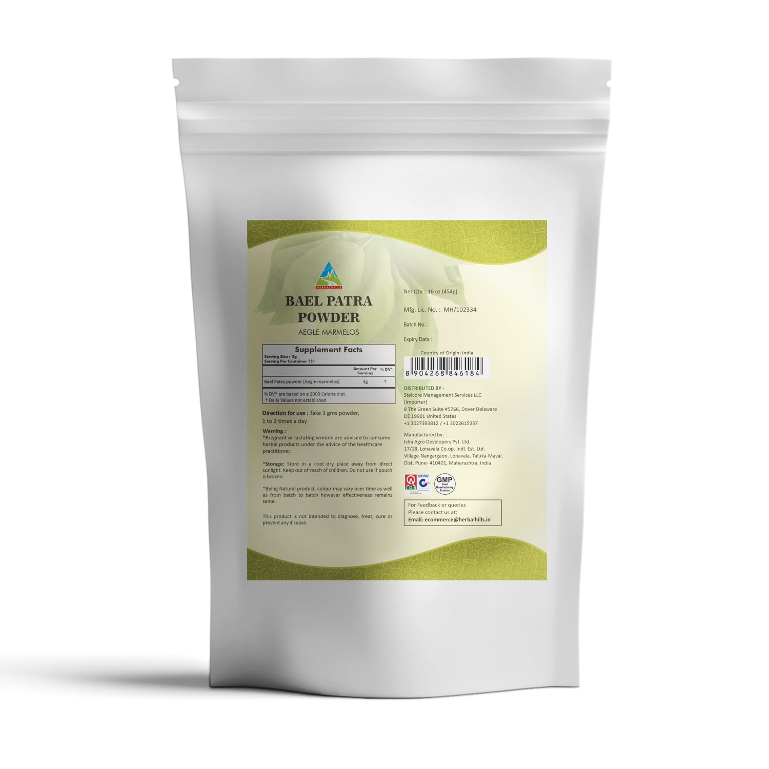 HERBAL HILLS Bael polvo envase de 454 g, opción prática para uso diario.