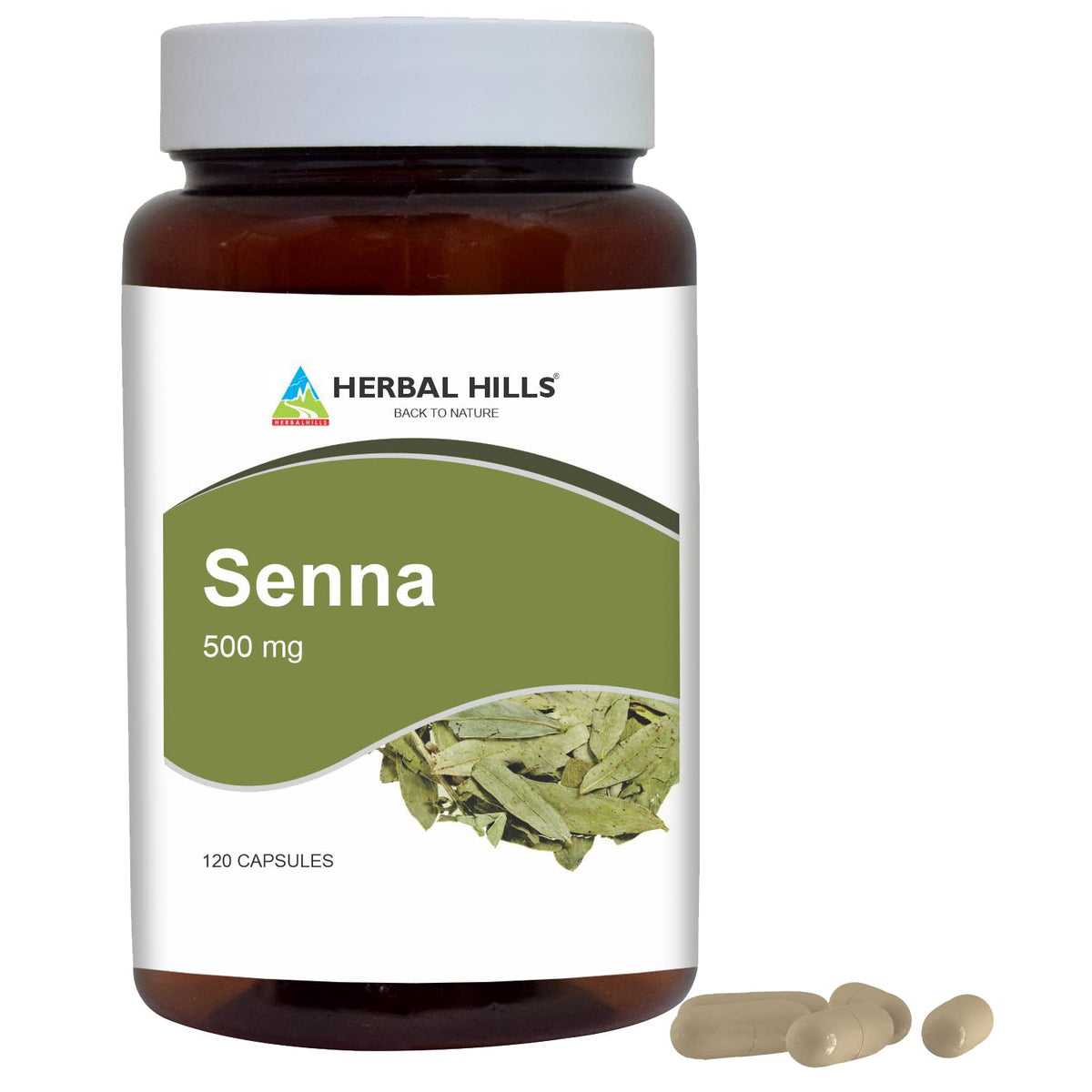 HERBAL HILLS Senna: cápsulas en botella para uso práctico diario.