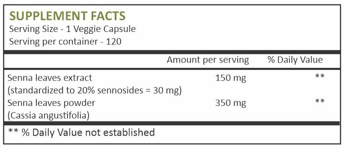 HERBAL HILLS Senna: etiqueta con certificaciones de calidad y seguridad.