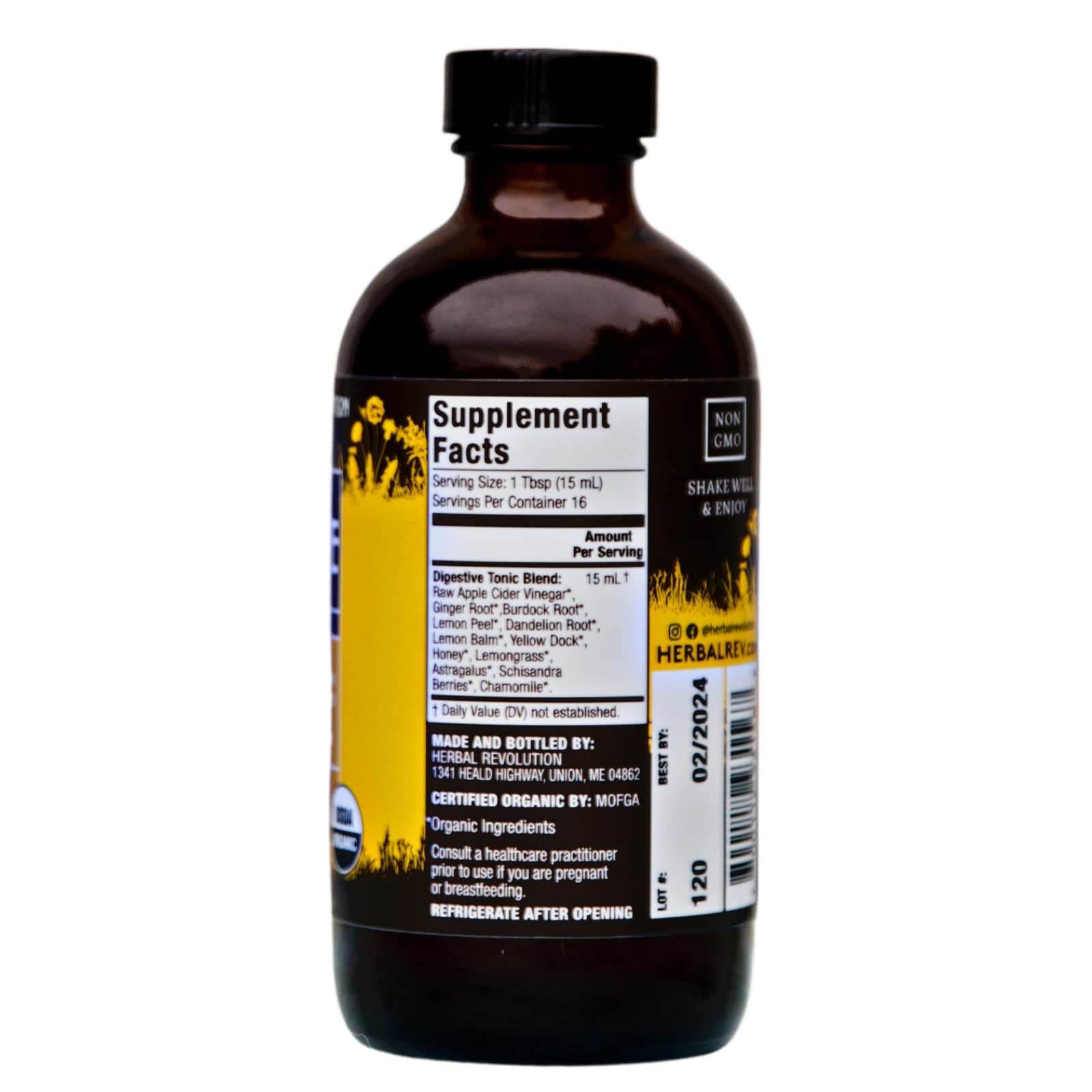 Herbal Revolution Tónico Digestivo, botella trasera, etiqueta con información.