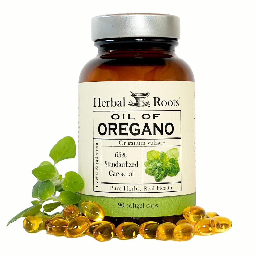 Frasco de aceite de oregano Herbal Roots para uso diario.