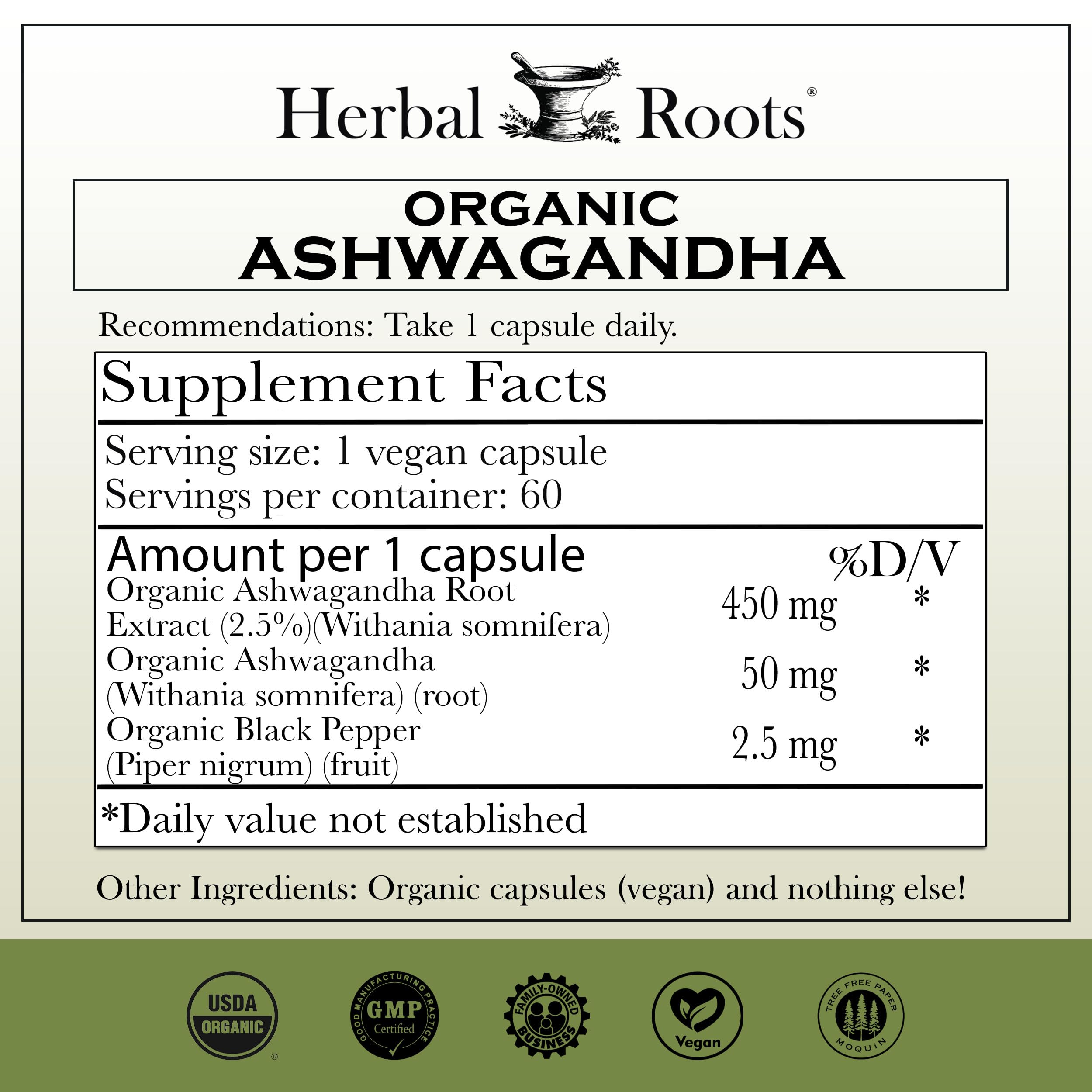 Etiqueta Herbal Roots muestra dosis de 1000 mg para energía