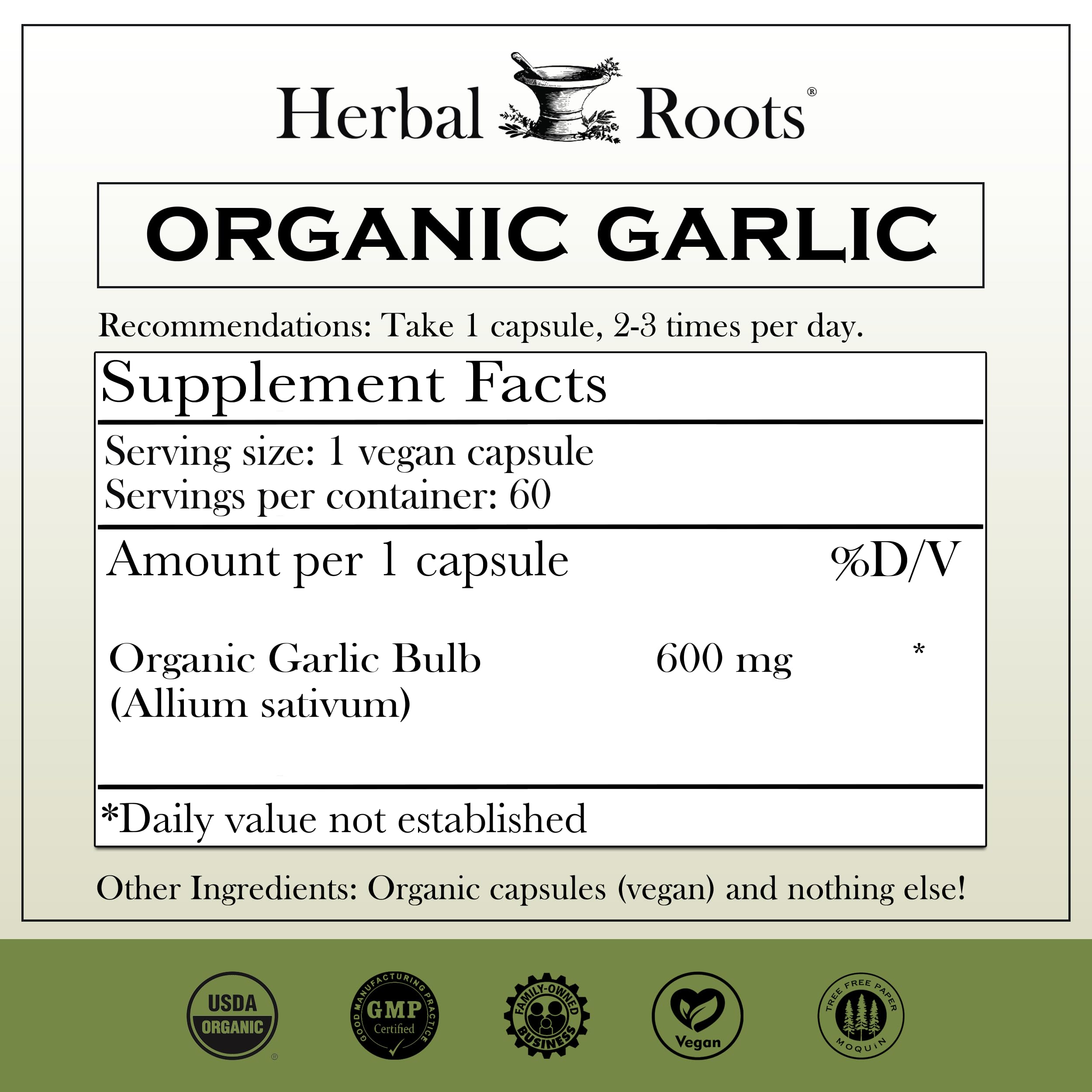 Herbal Roots botella de ajo orgánico, perfecto para uso diario.
