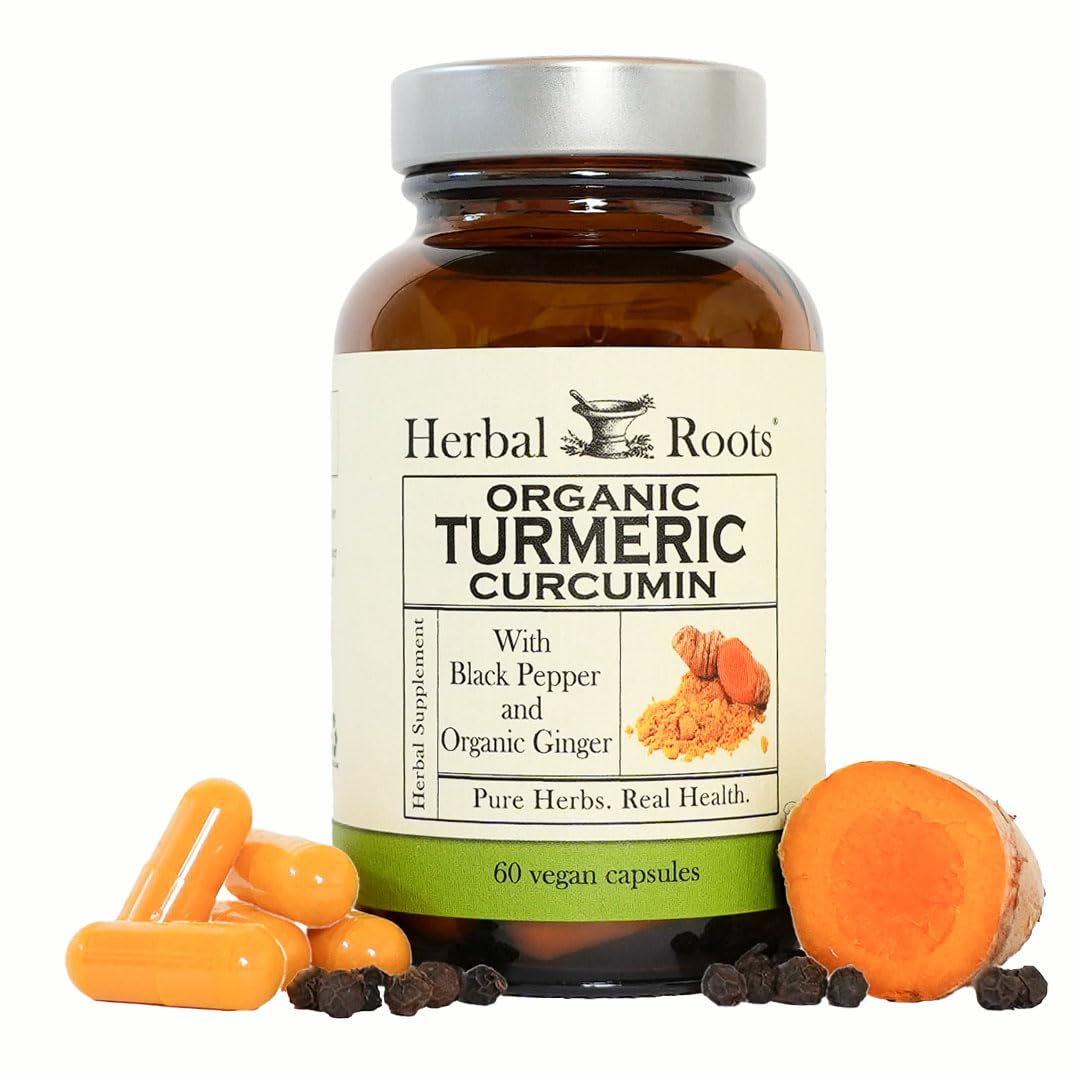 Herbal Roots, botella de cápsulas curcuma 1000 mg para apoyo al bienestar diario.
