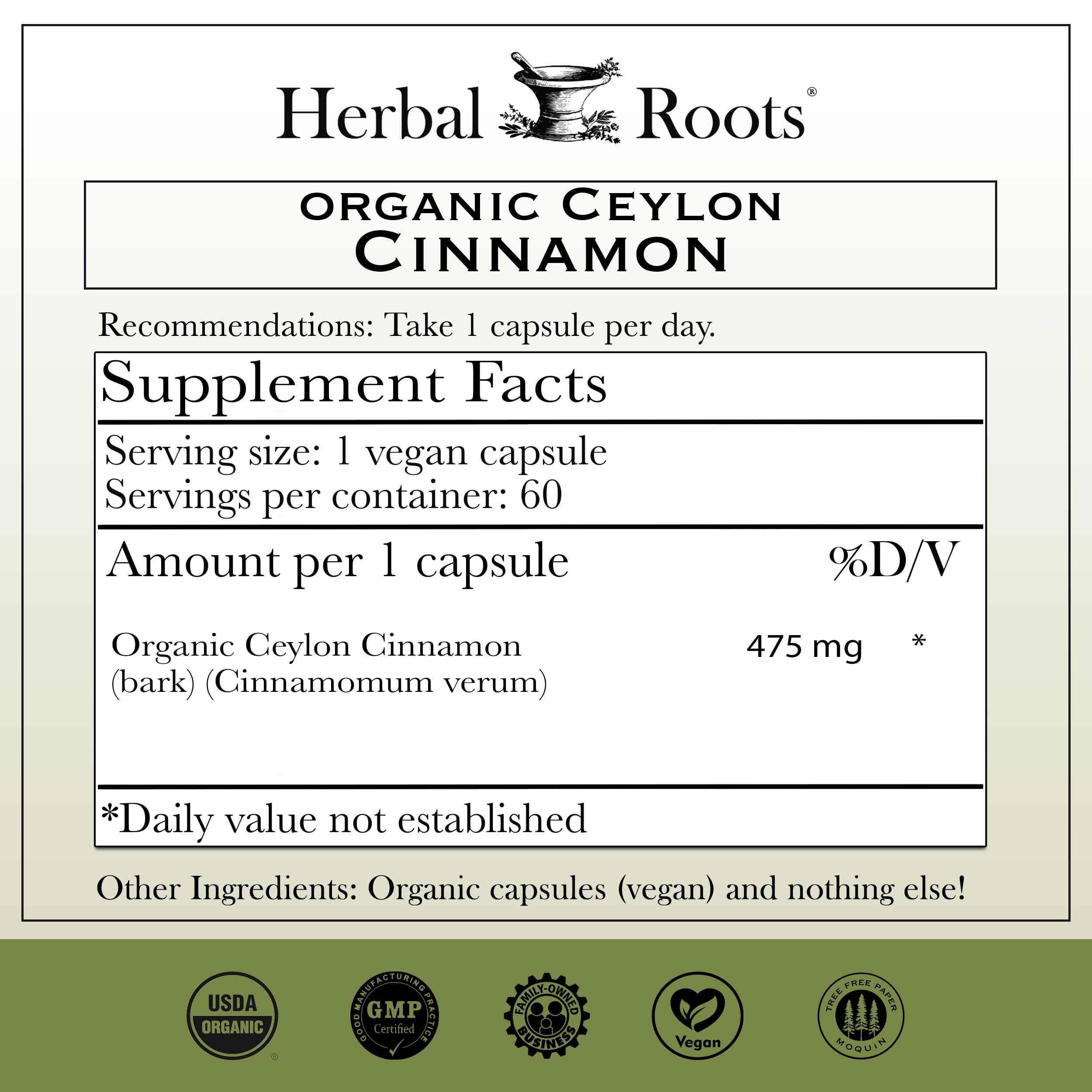 Herbal Roots canela Ceilán: etiqueta muestra ingredientes orgánicos