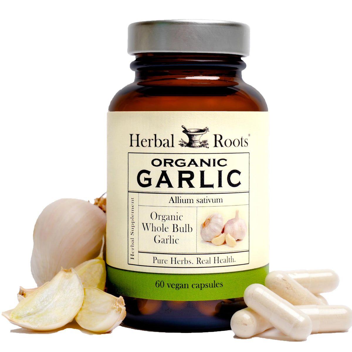 Herbal Roots Ajo 600 mg, cápsulas fáciles de incorporar a la rutina diaria.