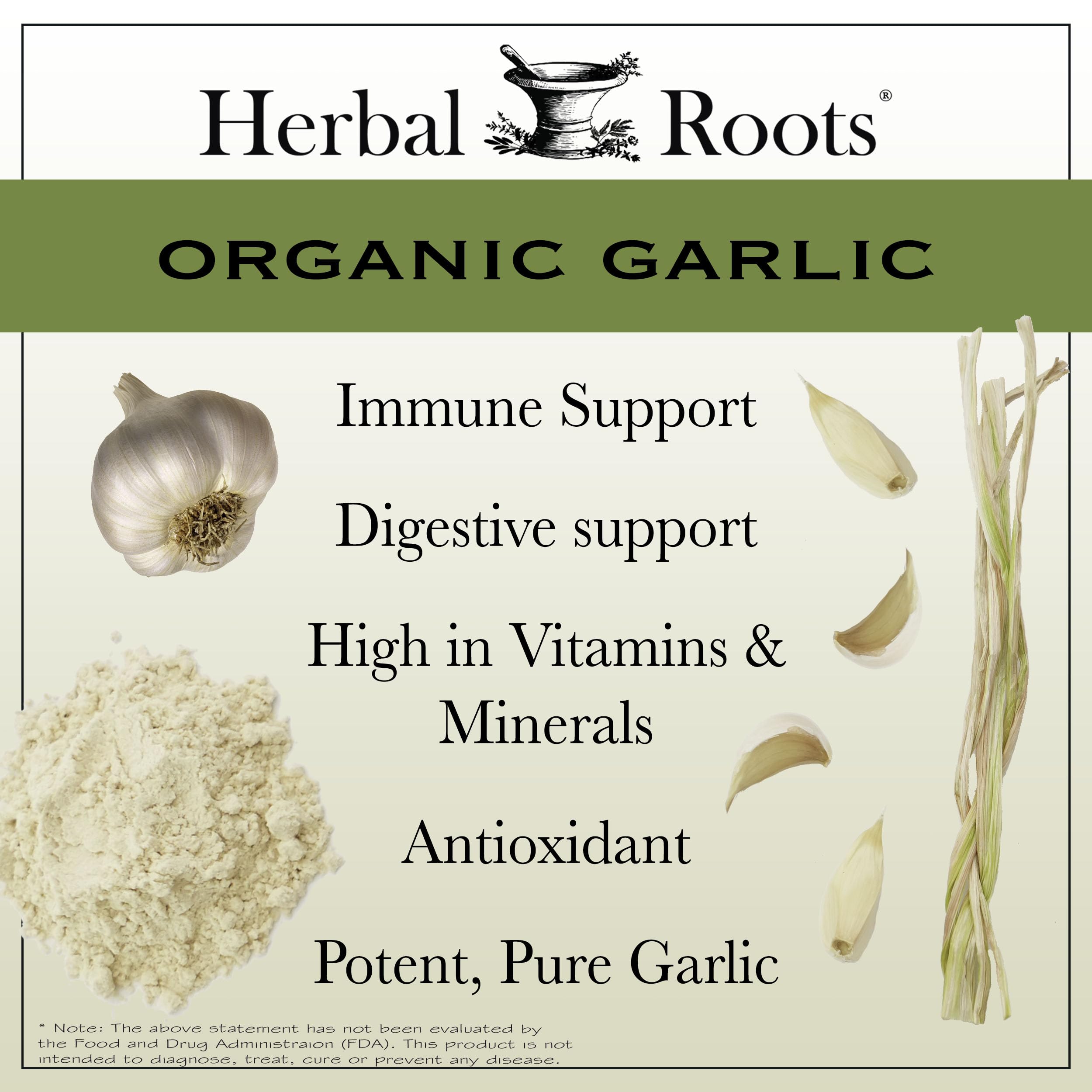Herbal Roots cápsulas de ajo, primer plano destacando la pureza.