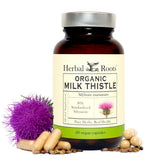 Cápsulas Herbal Roots de cardo mariano con etiqueta, posible apoyo a la función hepática.