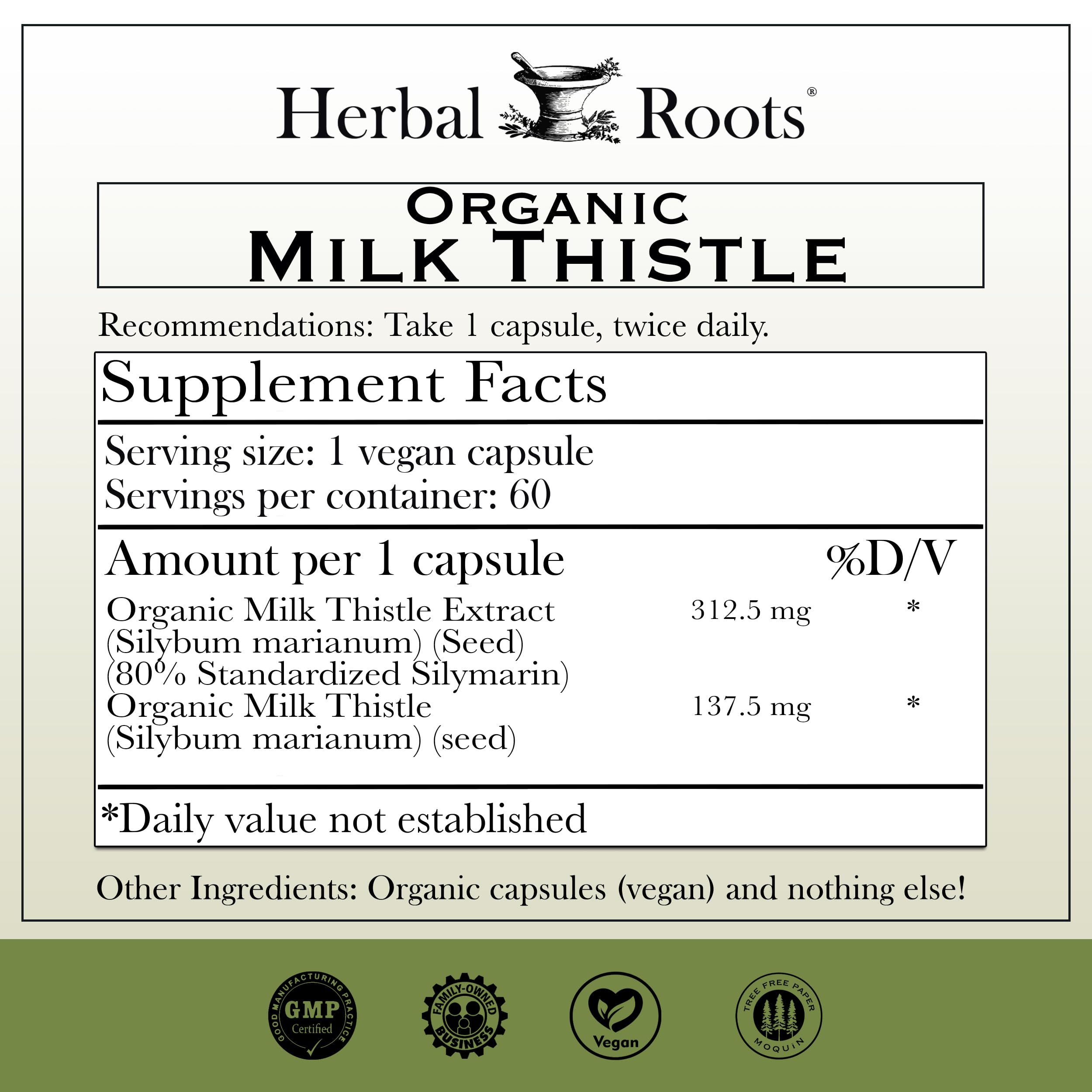 Frente del frasco Herbal Roots, cardo mariano, pureza sin aditivos.