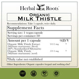 Frente del frasco Herbal Roots, cardo mariano, pureza sin aditivos.
