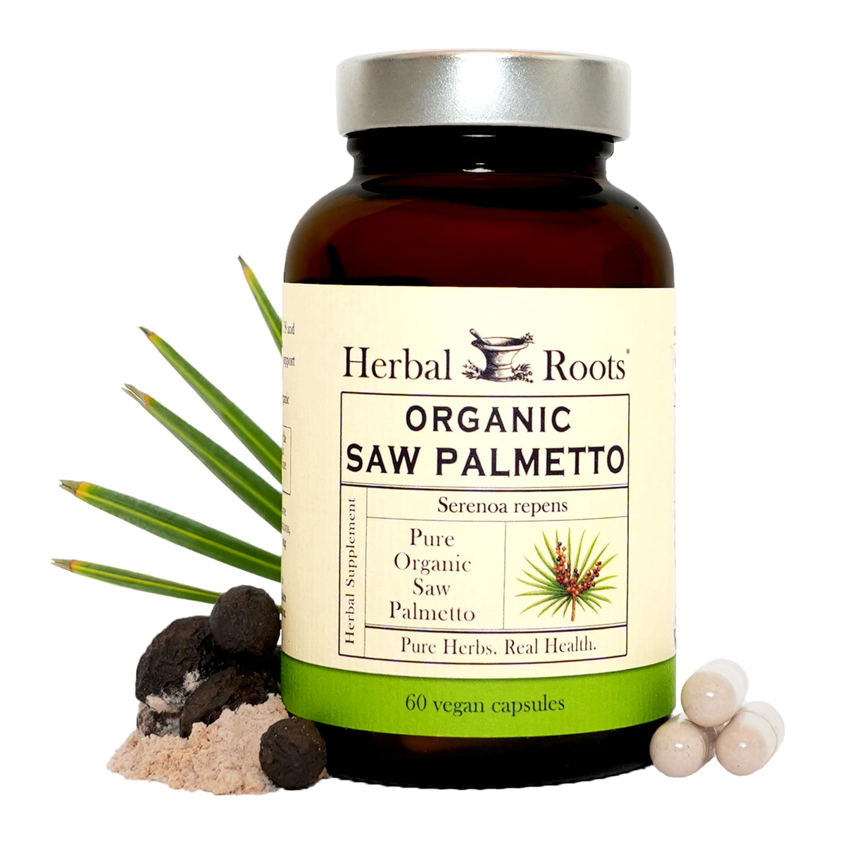 Cápsulas Herbal Roots Saw Palmetto en botella para uso diario.