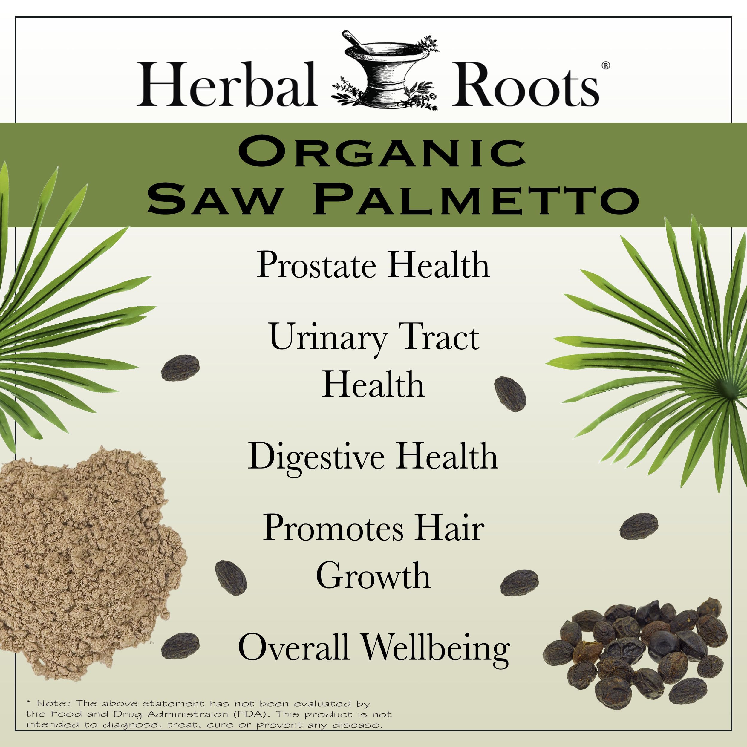Cápsulas orgánicas Herbal Roots Saw Palmetto, textura suave y fácil de tragar.