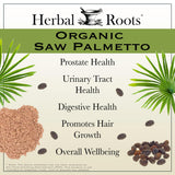 Cápsulas orgánicas Herbal Roots Saw Palmetto, textura suave y fácil de tragar.