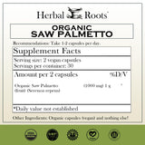 Etiqueta Herbal Roots Saw Palmetto con información clara para compra informada.