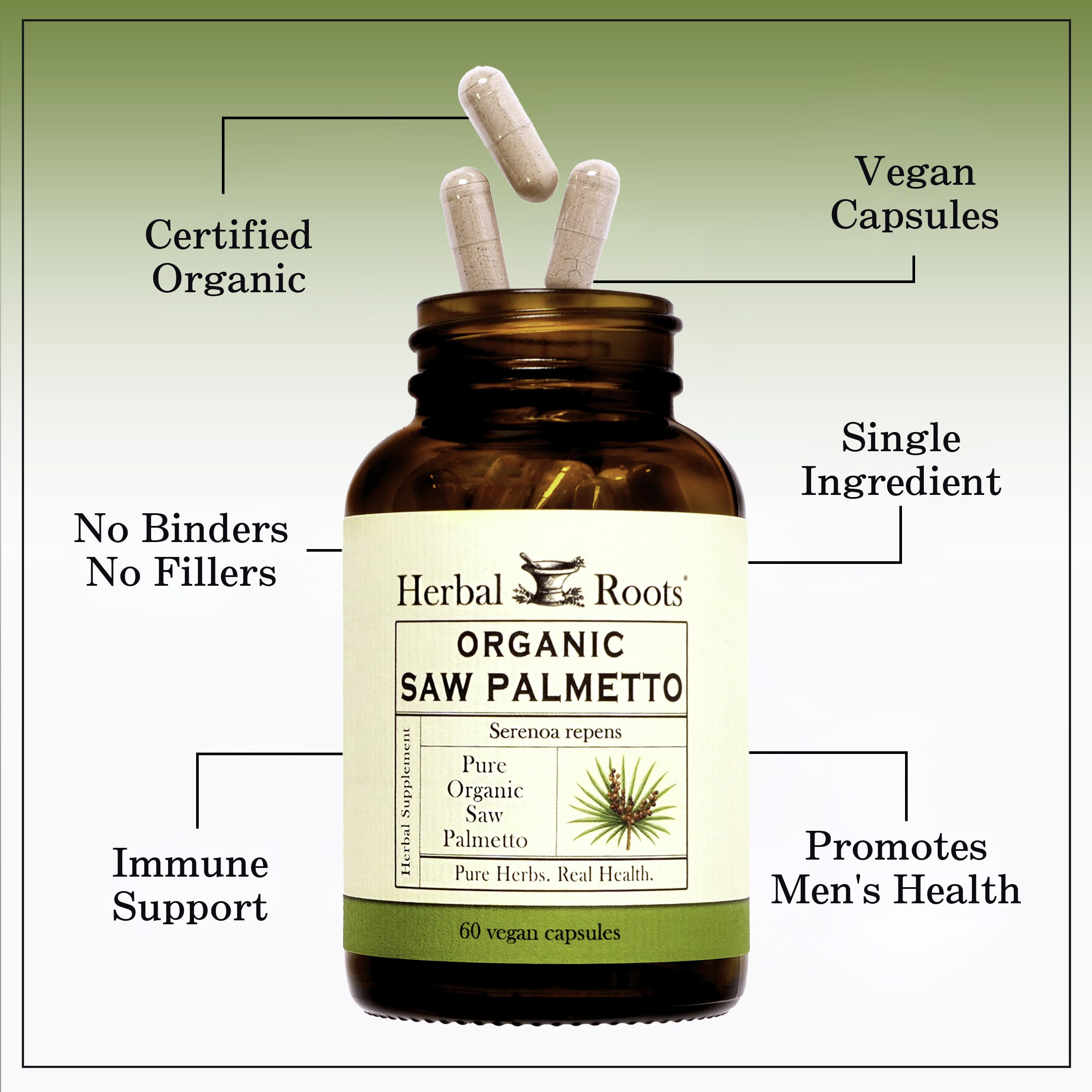 Frasco vegano Herbal Roots Saw Palmetto, proceso limpio y certificado.