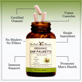 Frasco vegano Herbal Roots Saw Palmetto, proceso limpio y certificado.