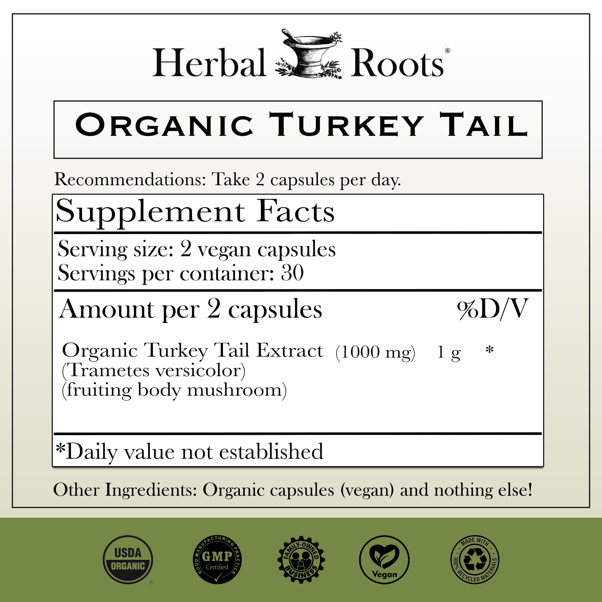 Herbal Roots cápsulas veganas de cola de pavo para uso diario