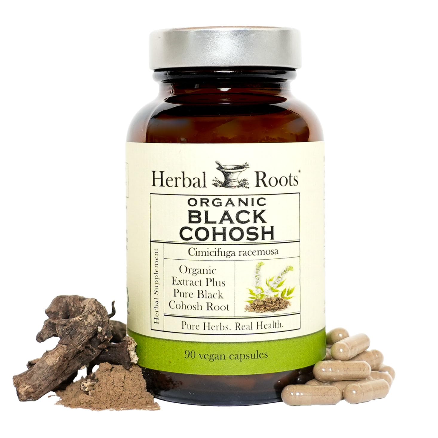 Botella de Herbal Roots cohosh negro para apoyo potencial durante la menopausia