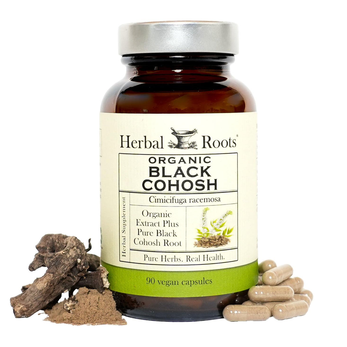 Botella de Herbal Roots cohosh negro para apoyo potencial durante la menopausia
