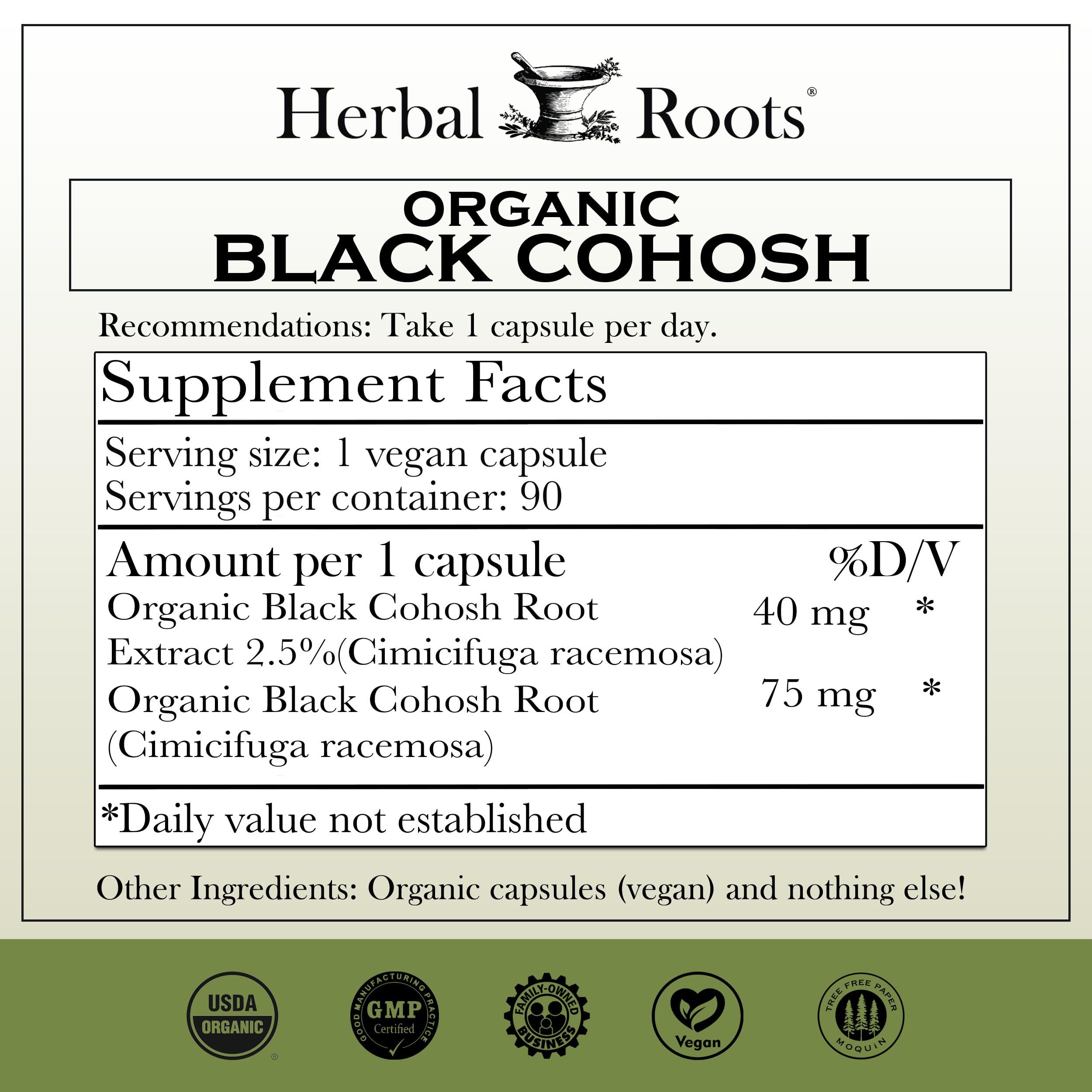 Etiqueta de Herbal Roots cohosh negro destacando certificación orgánica