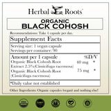 Etiqueta de Herbal Roots cohosh negro destacando certificación orgánica